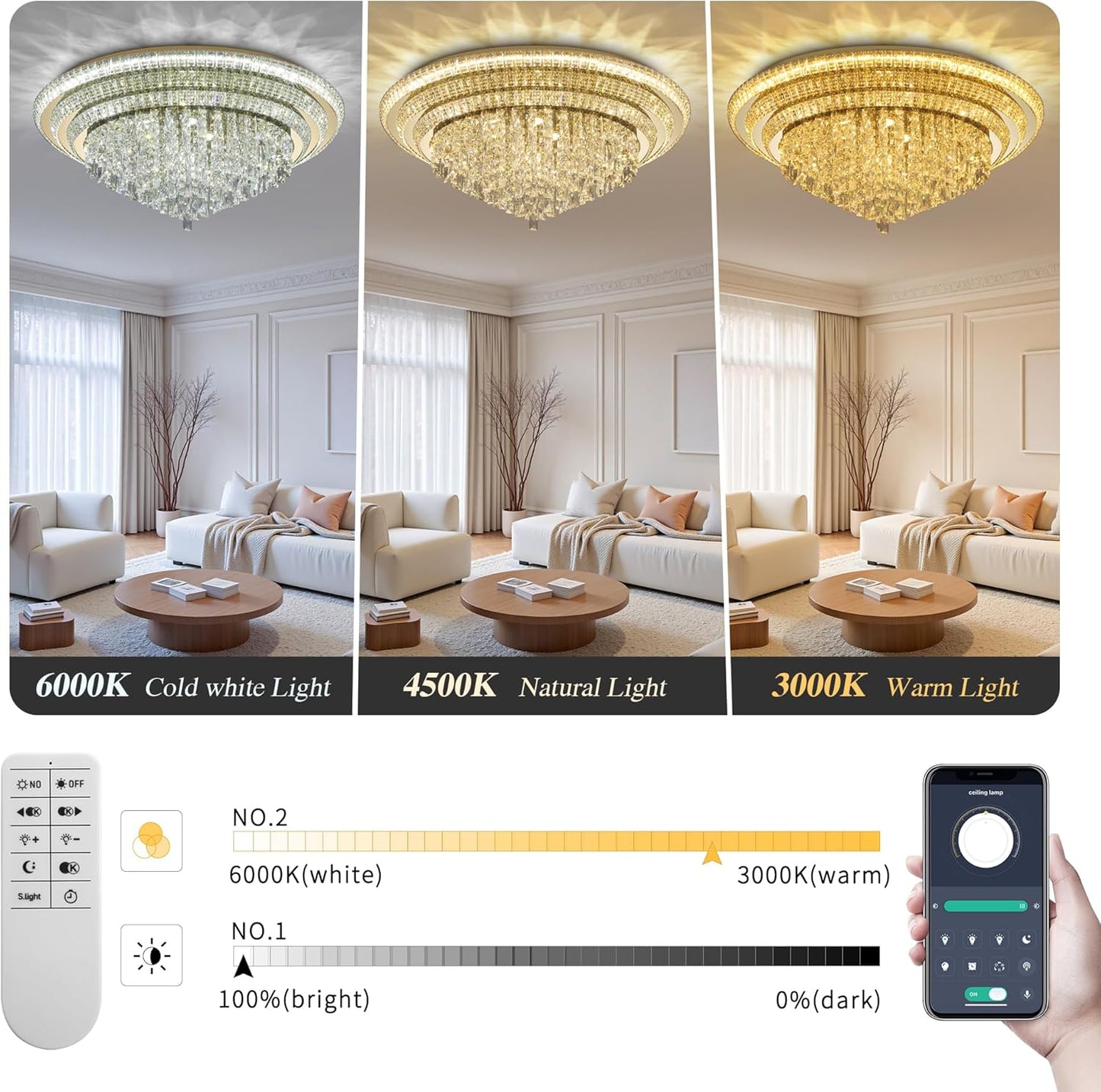 40 inch Crystal Gold Ceiling-Light Flush Mount with Remote Control and APP, 3CCT Dimmable & Brightness Adjustable, Modern Crystal Raindrop Chandeliers for Bedroom Hallway Dinning Room Living Room