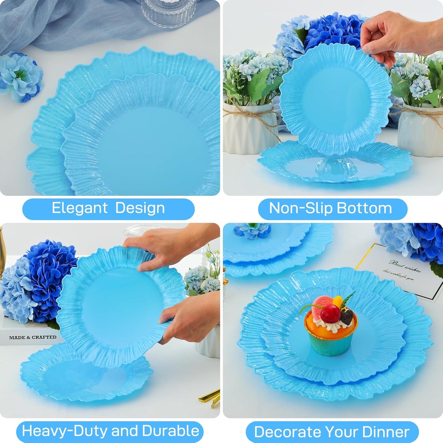 50 Pcs Blue Floral Plastic Plates, Fancy Disposable Plate, Heavy Duty Plastic Plates Set include 25 10" Dinner & 25 7.5" Dessert Plates for Party & Wedding