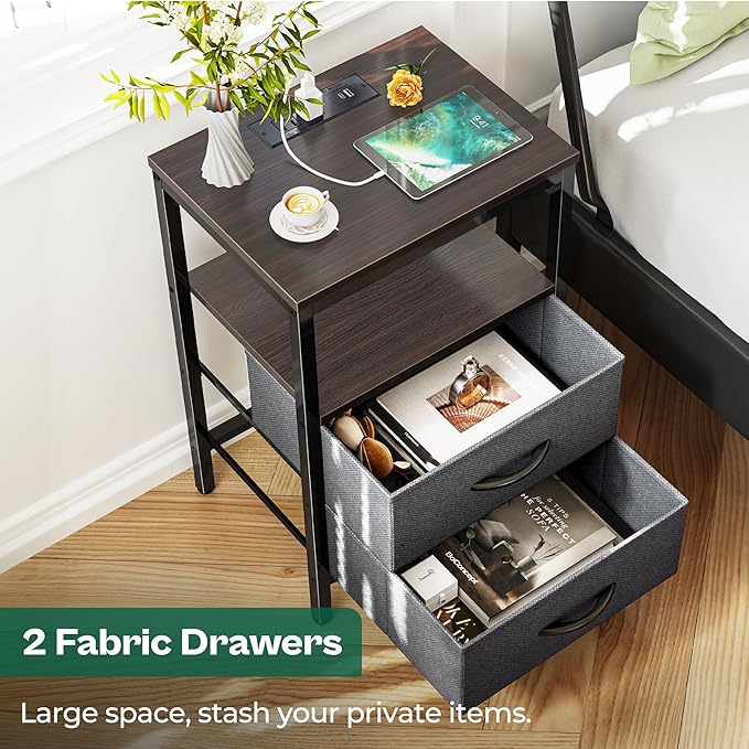 Huuger Nightstand with Charging Station, Fabric Drawers, End Table with Open - Image 5