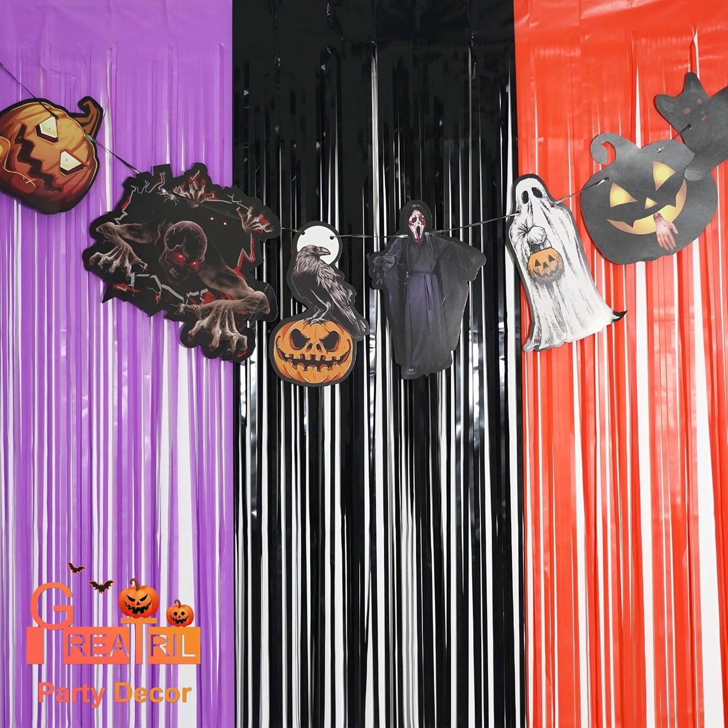 Black Purple Orange Party Streamers - GREATRIL Foil Fringe Backdrop for Hocu Birthdays Halloween Party Supplies - 3.2ft X 8.2ft - 2 Packs