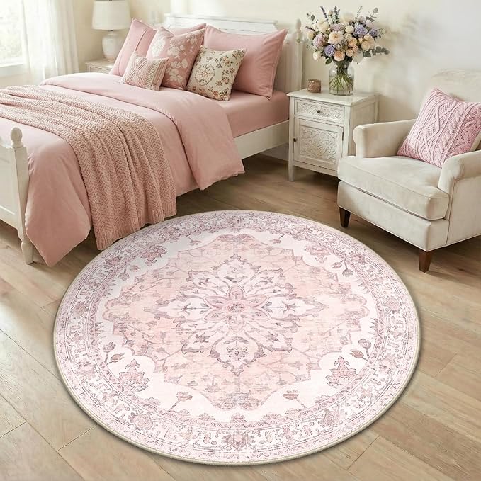RELEANY Area Rugs Round 4ft Washable Non-Slip, Floral Vintage Distress Print - Image 3