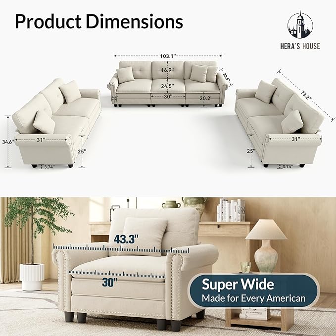 HERA'S HOUSE 3 Pieces Modular Sectional Sofa Sets, Oversized Couch Set - Image 9