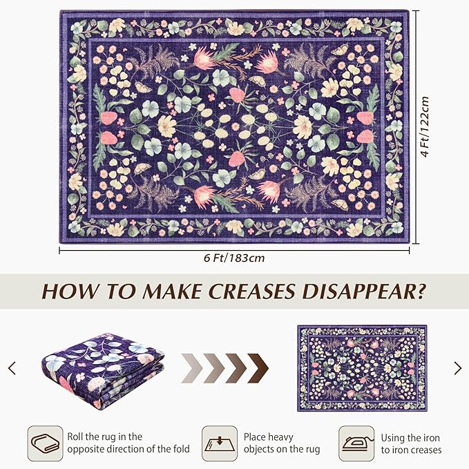 Purple Area Rugs for Living Room, Non-Slip 4x6 Vintage Rug for Bedroom - Image 2