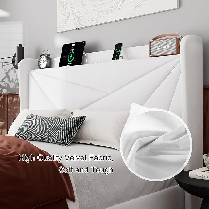 Feonase Full Bed Frame with Charging Station, Velvet Upholstered Platform - Image 5