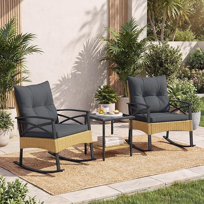 Tangkula 3 Pieces Outdoor Rocking Chairs Set, Rattan Heavy Duty Cushioned - Image 2