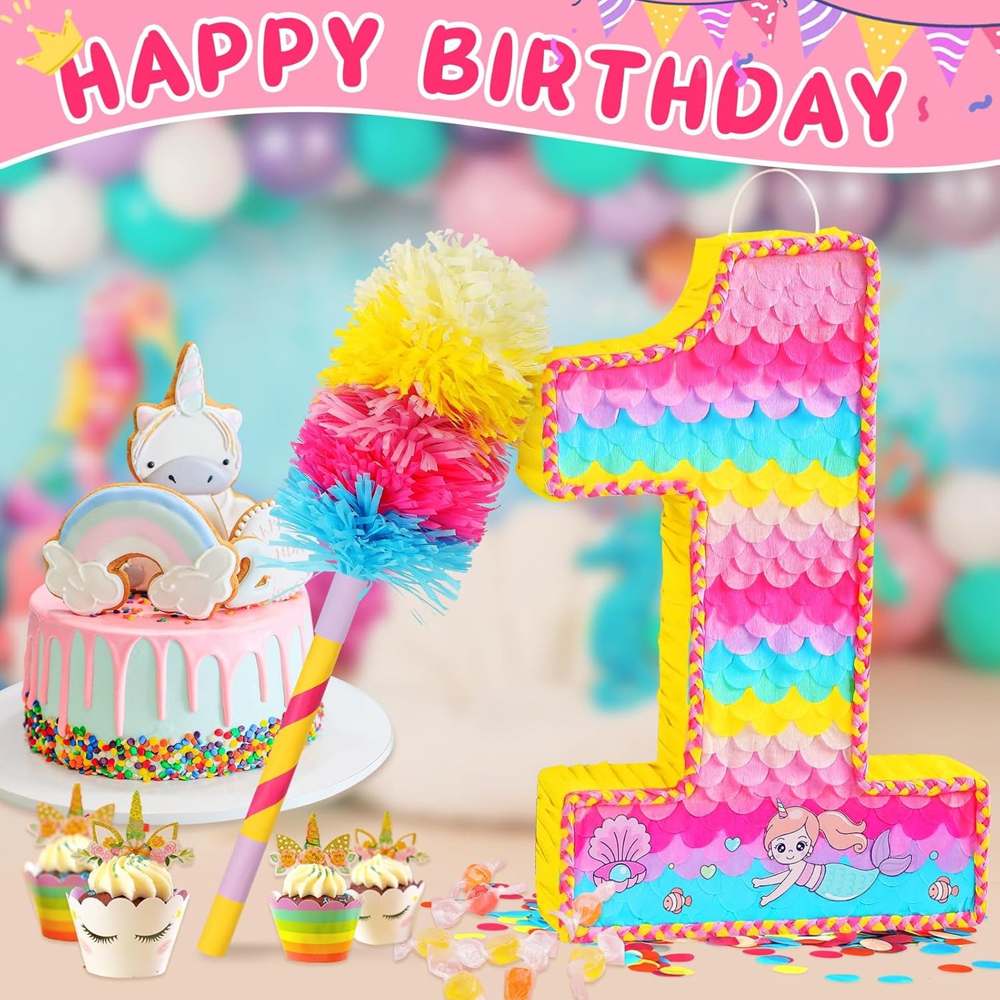 Number 1 Pinata for Birthday Party Decorations, Unicorn Mermaid Theme Pink Piñata Games Toy (1th)
