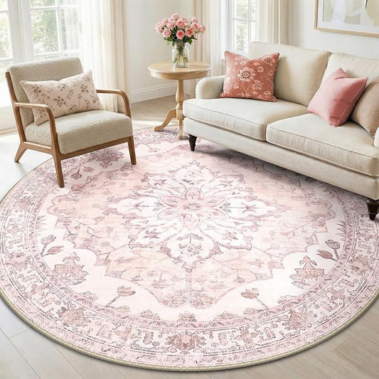 RELEANY Area Rugs Round 6ft Washable Non-Slip, Floral Vintage Distress Print by RELEANY