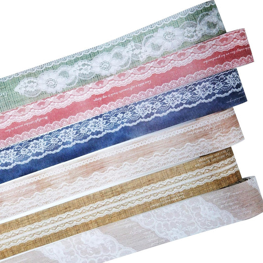 Lace Pattern Washi Tape Set, 6 Rolls Japanese Paper Decorative Stickers with 1 Clip, Lace Fabric for Scrapbooking, Journaling, Craft Supplies, 1.57in x 79in