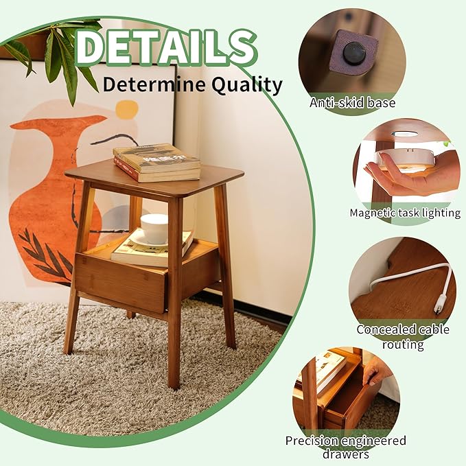 Fluted Nightstand with Drawer – Tall Solid Bamboo Bedside Table with Open Shelf - Image 8