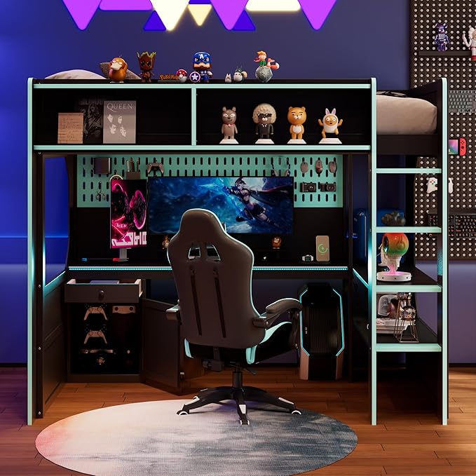 Modern Gaming Loft Bed with Built-in Desk, LED Lighting & Charging Hub –Twin by Unknown