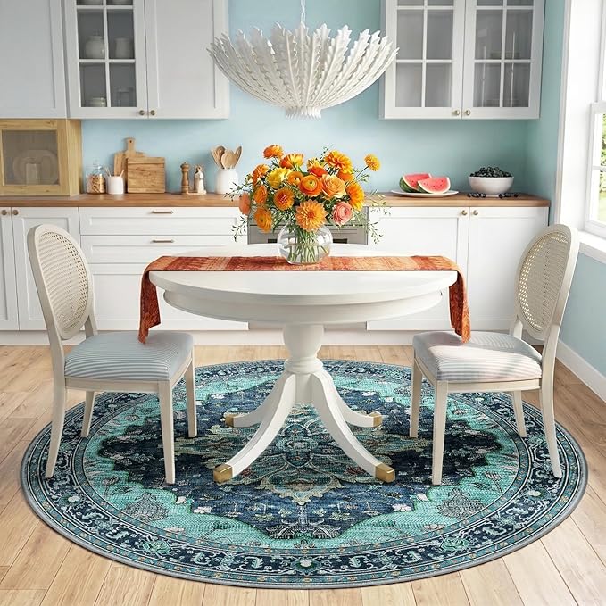 RELEANY Area Rugs Round 6ft Washable Non-Slip, Floral Vintage Distress Print - Image 2