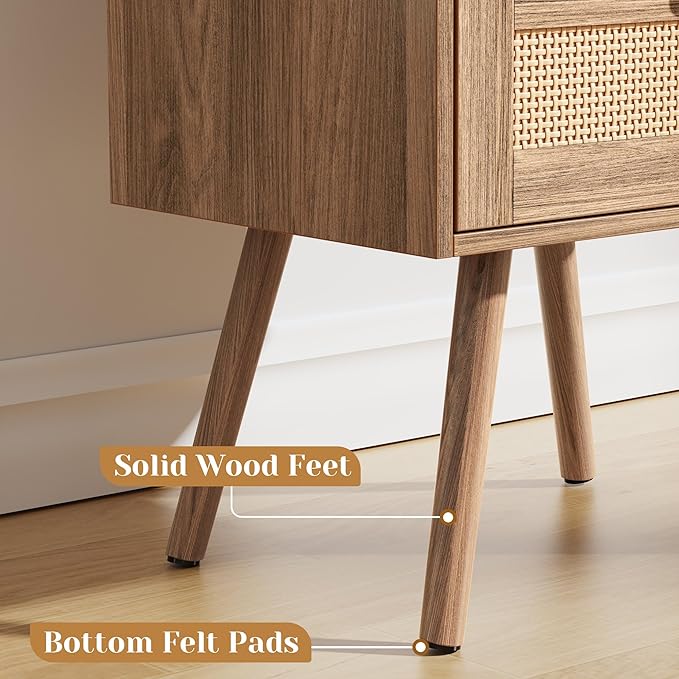 SUPERJARE Nightstand with Charging Station & Rattan-Like Decor Drawer, Rattan - Image 7