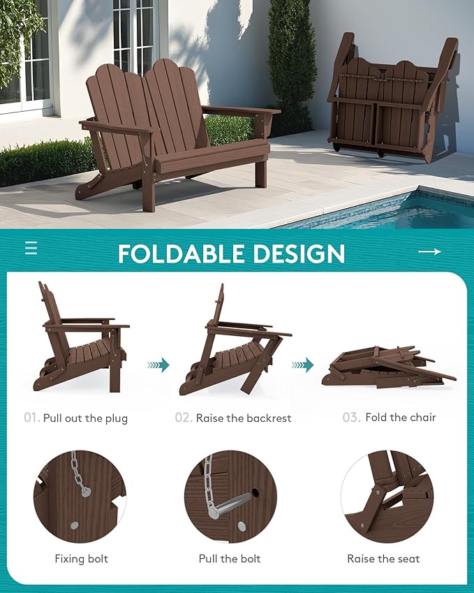 SERWALL Folding Adirondack Bench, HDPE All-Weather Adirondack Loveseat - Image 4