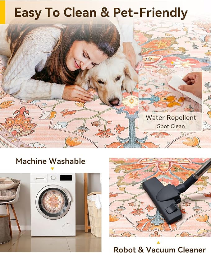 RELEANY Area Rugs Round 4ft Washable Non-Slip, Floral Vintage Distress Print - Image 5