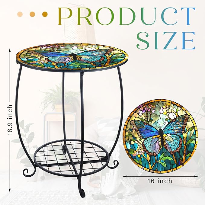 Cinnvoice Outdoor Side Table Round Small Mosaic Patio Accent Indoor End Plant - Image 3