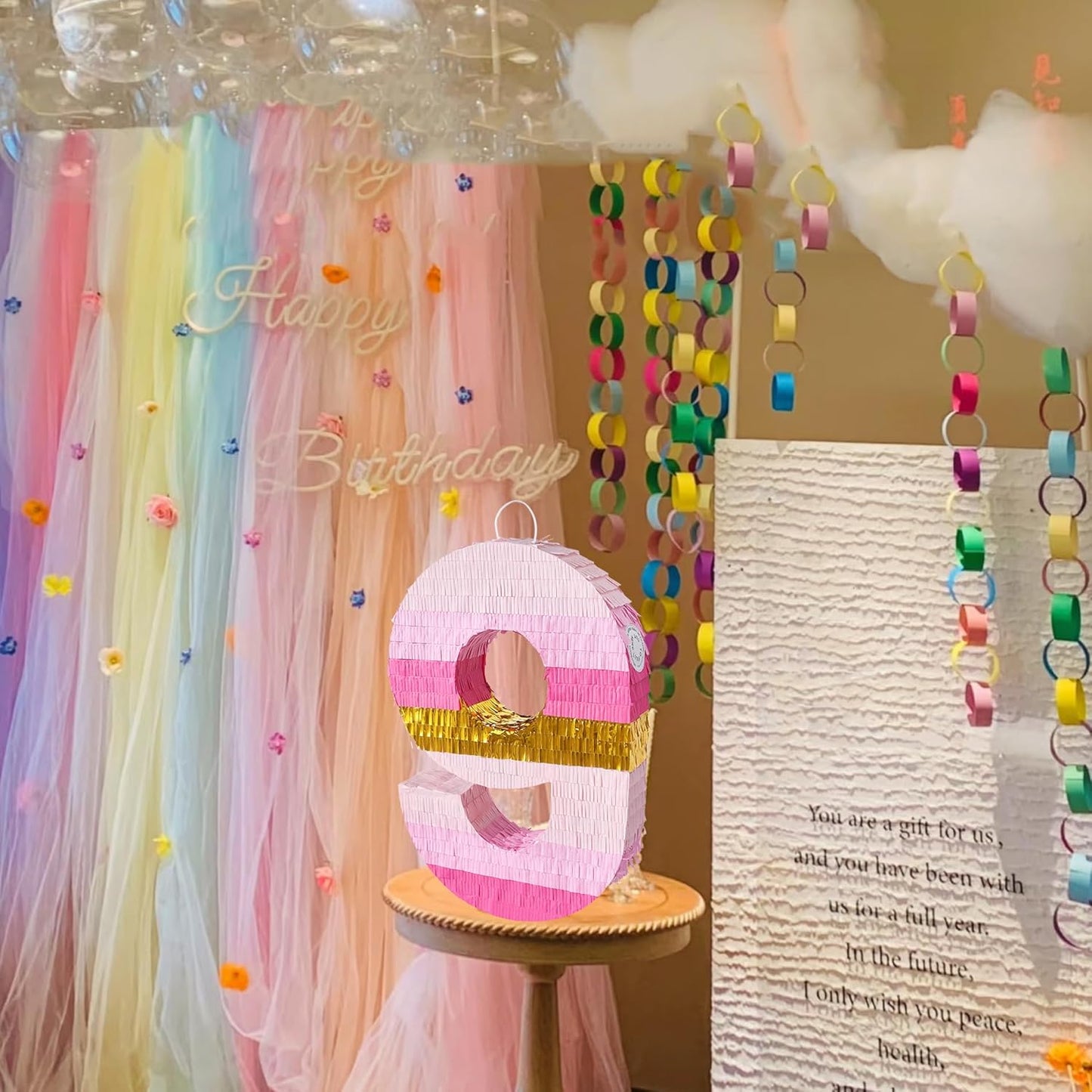 PCFING 20 Inch Number 9 Piñata Pink Gold with 30 Inch Piñata Stick Blindfold Confetti for Boys Girls Adults Birthday Party Decorations, Anniversary Celebration, Fiesta