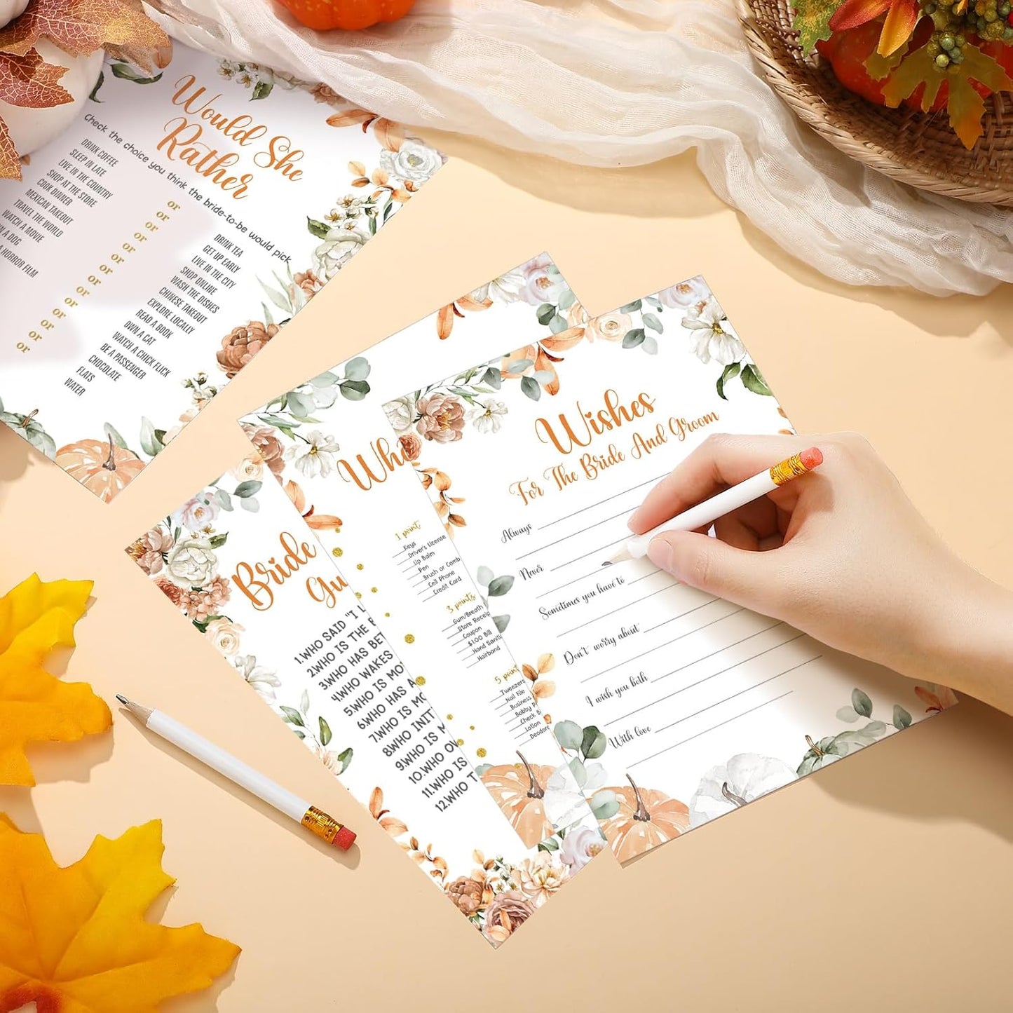 Teling 145 Pieces Bridal Shower Game Bridal Shower Favors Set Wedding Games Cards and Pencils for Bride Groom Bachelorette Party Wedding Party Favor(Little Pumpkin Style)