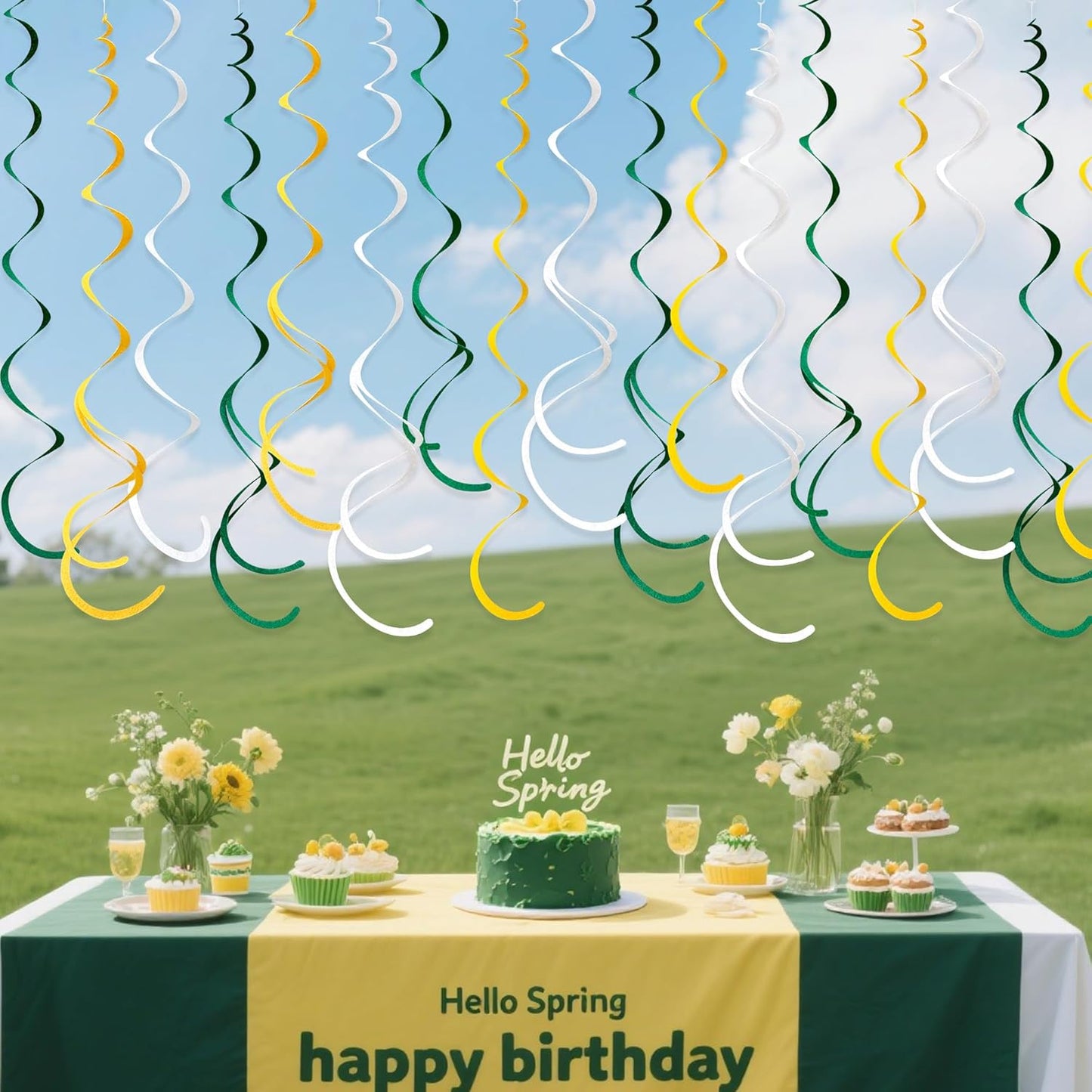 36 Pcs Green Yellow White Hanging Swirl Decorations Felt Swirl Streamer Spiral Ceiling Garland Banner for Graduation Birthday Wedding Retirement Baby Shower Spring Summer Garden Party Decor Supplies