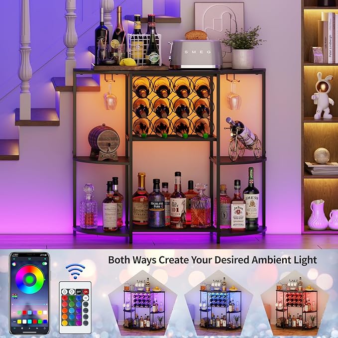 JKsmart Wine Bar Cabinet with LED Lights, Mini Wine Bar Cart with Storage and - Image 2