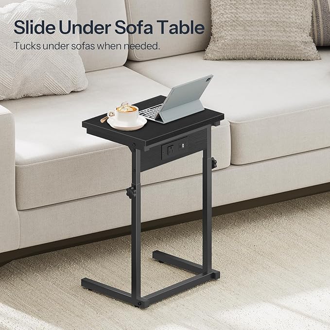 HOOBRO C-Shaped End Table with Charging Station, Adjustable Height Sofa Tray - Image 6