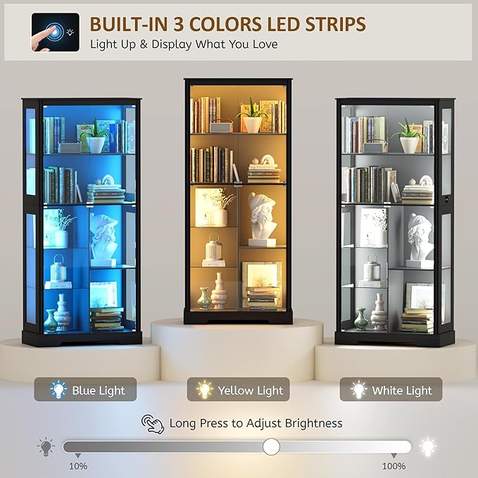 71” Display Cabinet with Glass Doors, Modern Curio Cabinet with 3 Color Lights - Image 3