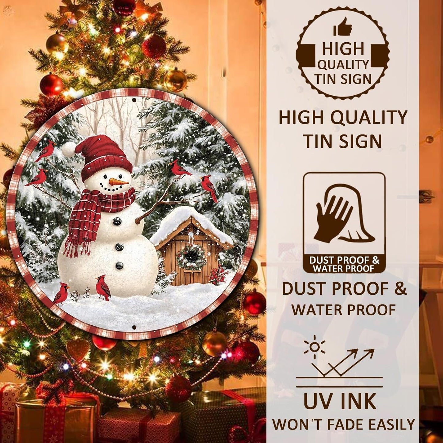 Round Christmas Metal Signs Vintage Snowman and Red Birds Tin Sign Metal Poster Christmas Snowman Sign for Bedroom Farmhouse Garage Wall Decor 12 * 12 in