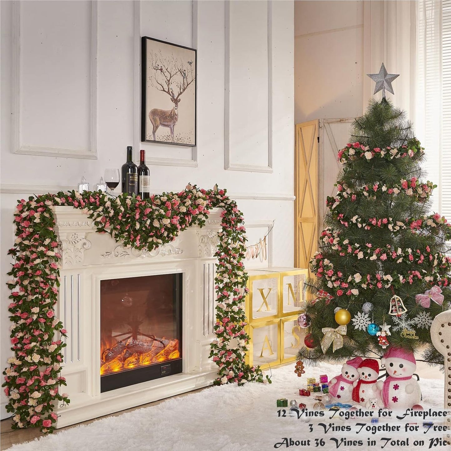 6 Pcs x 8.2 ft Flower Garland Artificial Rose Vine Flowers with Green Leaves Hanging Fake Roses Vine for Room Party Home Wedding Birthday Christmas Wall Arch Decor, Champagne Flower