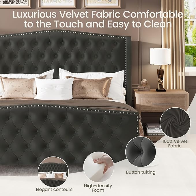 LARMACE Queen Size Bed Frame Velvet Upholstered Platform Bed - Image 5