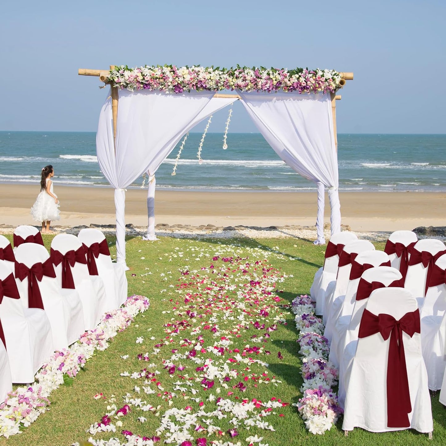 10 PCS Burgundy Satin Chair Sashes Bows Universal Chair Ribbon Ties Back Sash for Wedding Party Reception Events Banquets Hotel Event Chair Cover Decoration (7x108 inch)