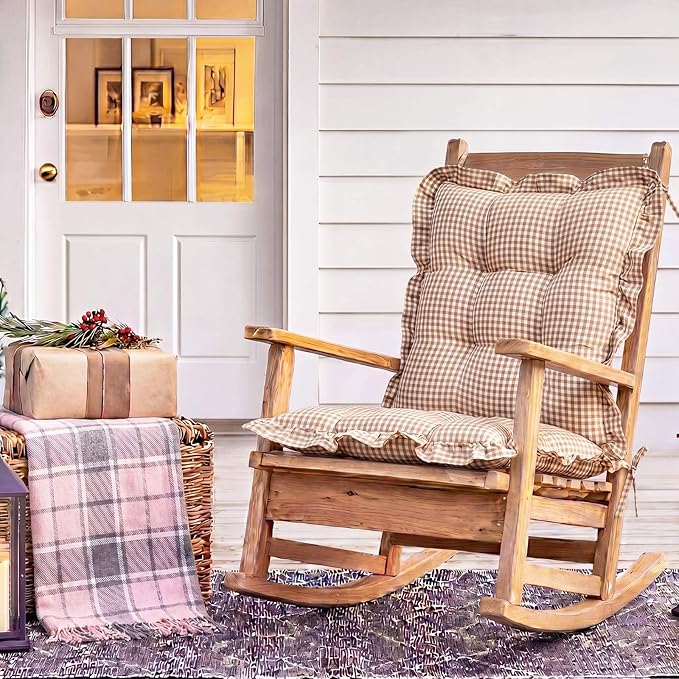 Lewtemi 2 Set Brown Gingham Rocking Chair Cushion Village Ruffled Rocking Chair - Image 6