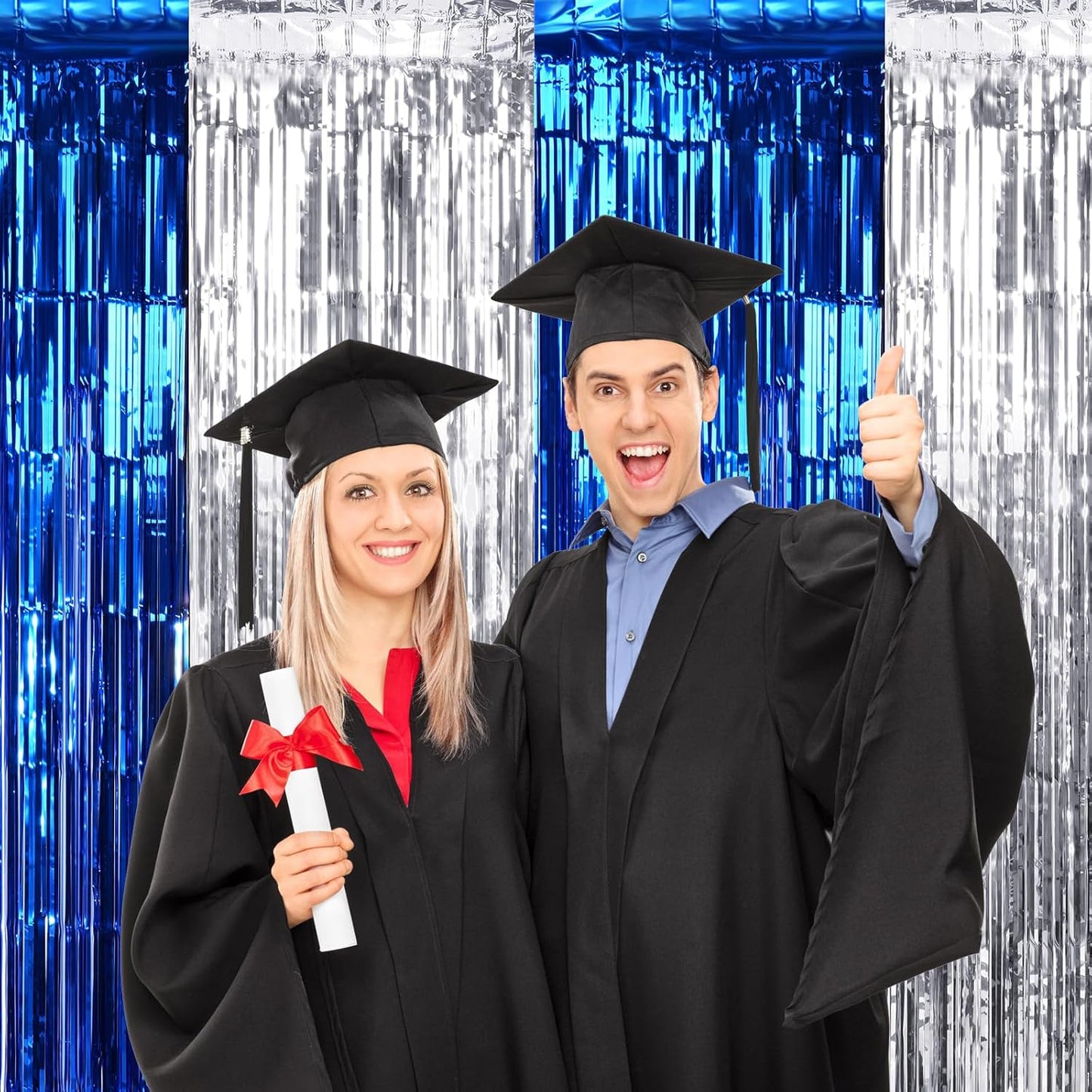 3Pack 3.3Ft x 6.6Ft Graduation Foil Fringe Curtain Backdrop Decorations, Blue Silver Metallic Tinsel Foil Streamers Curtain Photo Booth Background for Graduation Prom Wedding Birthday Party Decoration