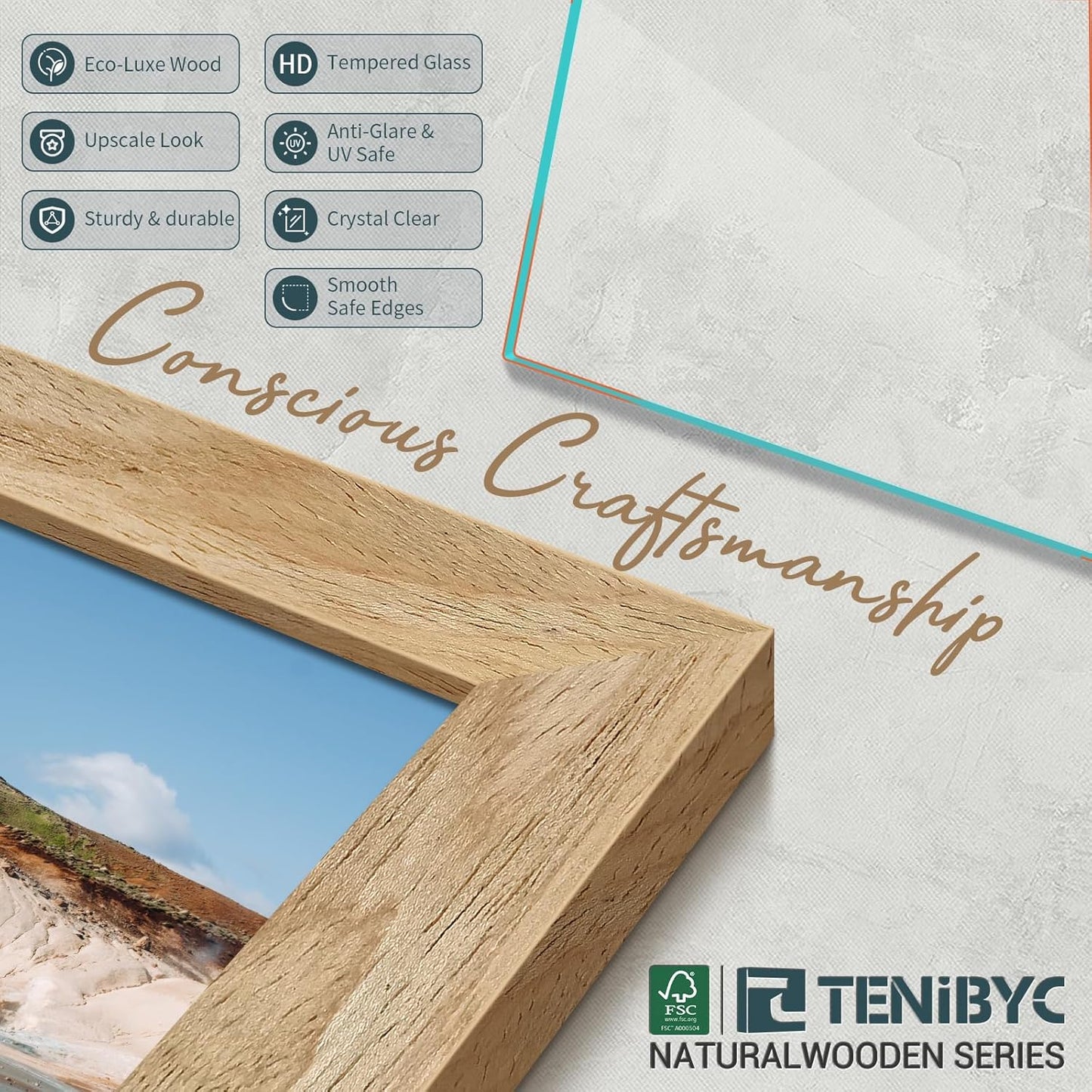 5x7 Picture Frame 4 Pack, Natural Solid Wood Photo Frame, HD Tempered Glass, Table Display or Wall Hanging