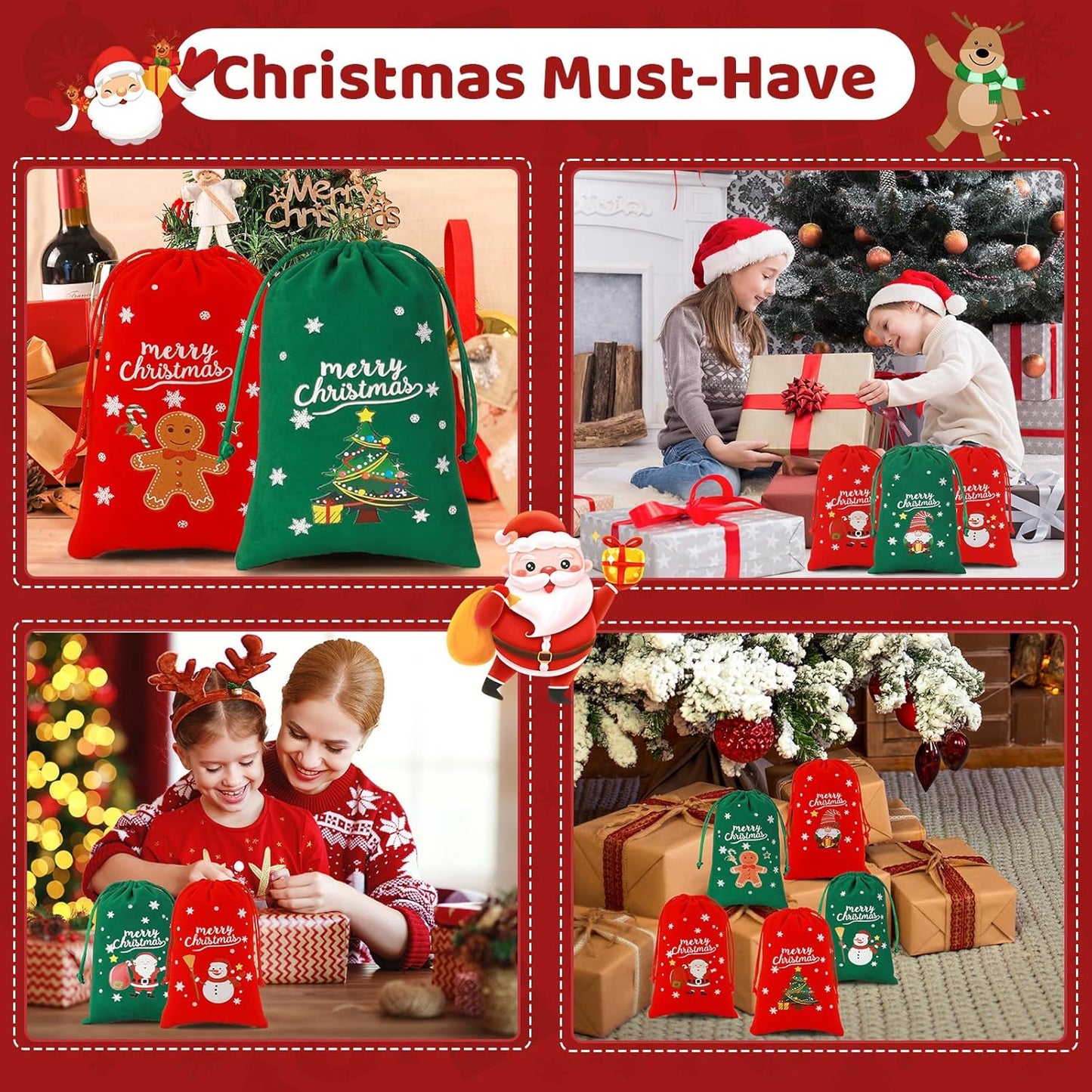 Tapleap Christmas Bags with Drawstring - 50Pcs 4x6 Red and Green Velvet Cloth for Wrapping Dice, Jewelry, Party Favors or Gifts for Friends, Children, Customers