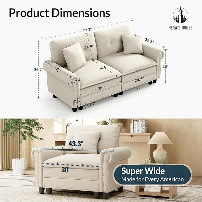 HERA'S HOUSE 73.2" Mid-Century Modern Loveseat, Oversized Sectional Couch - Image 2