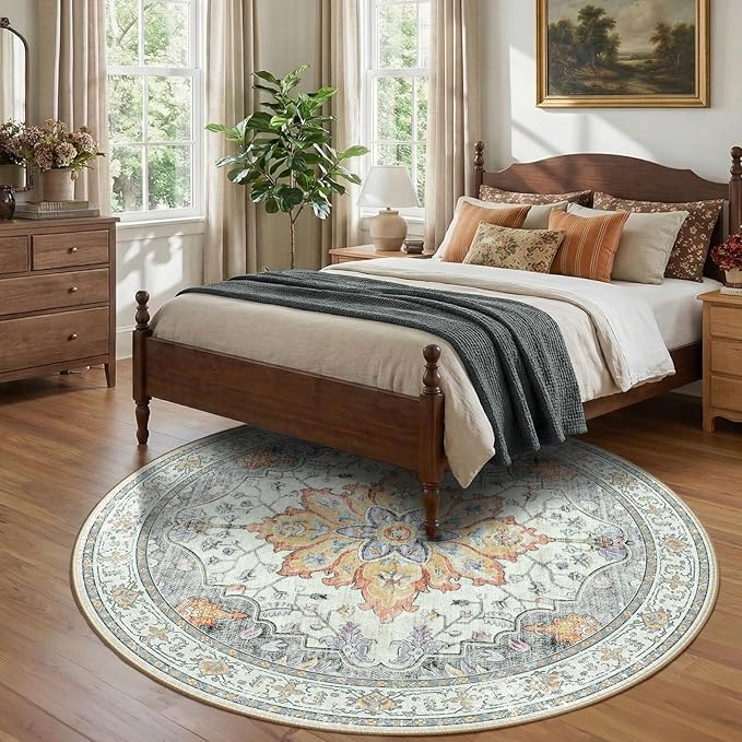 RELEANY Area Rugs Round 8ft Washable Non-Slip, Floral Vintage Distress Print - Image 3