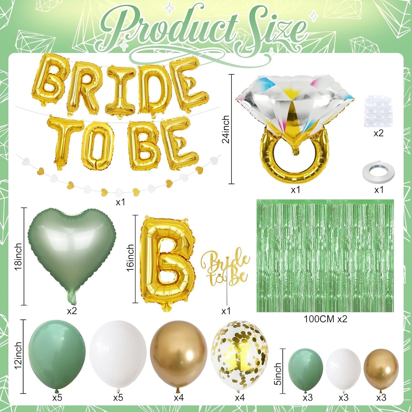 Sage Green Bachelorette Party Decorations, Bride To Be Helium Mylar Foil Letter Balloons with White Gold Camp Latex Balloons and for Bridal Shower Decoration Engagement Hen Wedding Party Decor