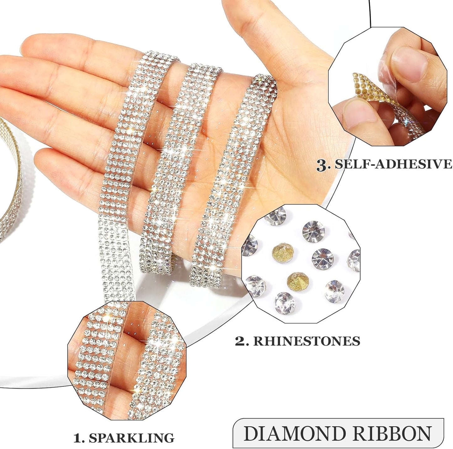 Rhinestone Ribbon 3 Yards Self Adhesive Rhinestone Strips Diamond Ribbon Sticker Crystal Roll Glitter Bling 2mm Rhinestones Tape for Crafting DIY Art Decoration (Silver,0.4 Inch)