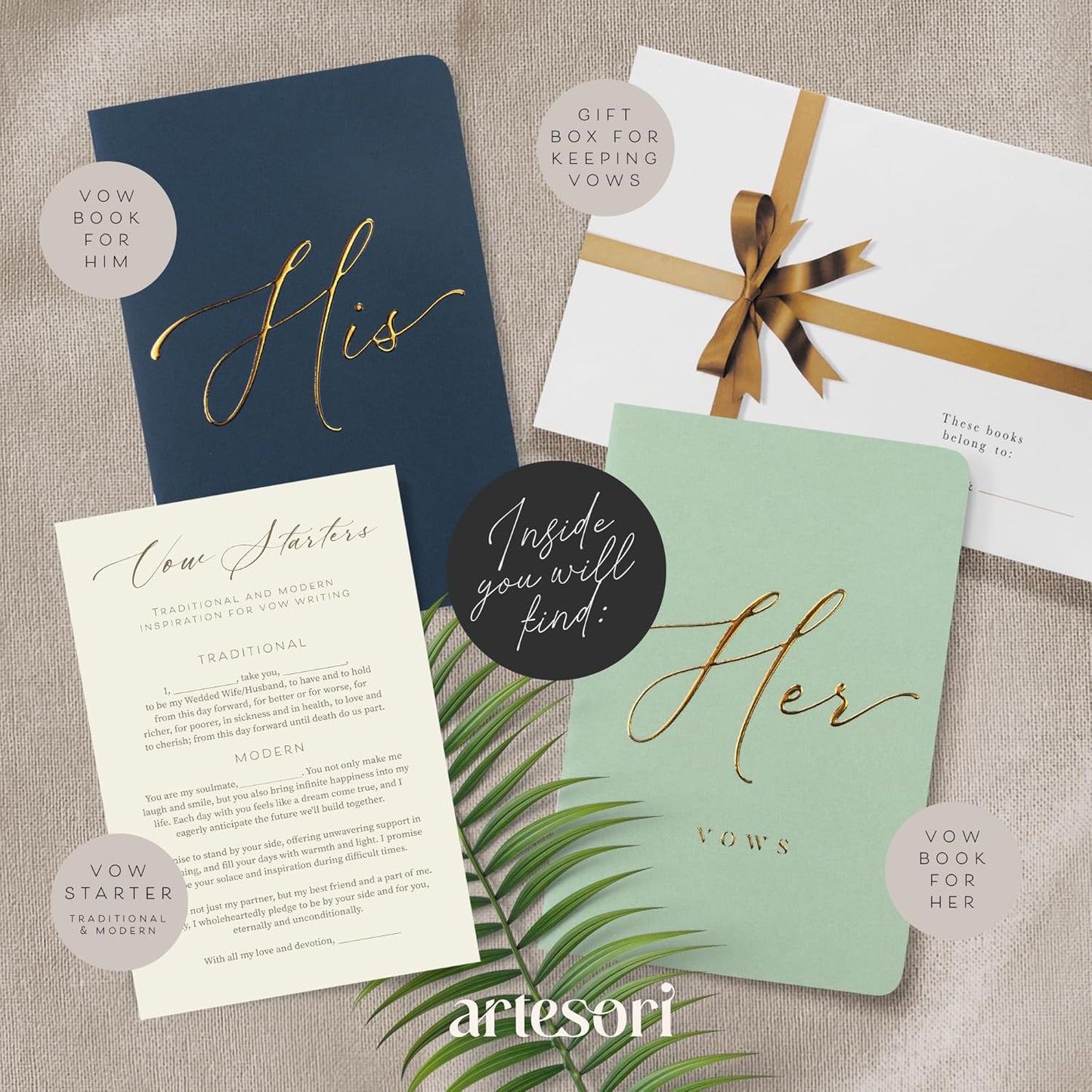 ARTESORI Wedding Vow Book for Her & Him, Soft Touch, Gold Engraving, 28 Lined Pages, Wedding Vow Books His and Hers, Wedding Essentials, Wedding Registry Gifts, His and Hers Gifts [Mint & Navy]