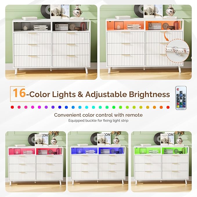 VINGLI Fluted White Dresser, Led Dresser 6 Drawer - Image 4