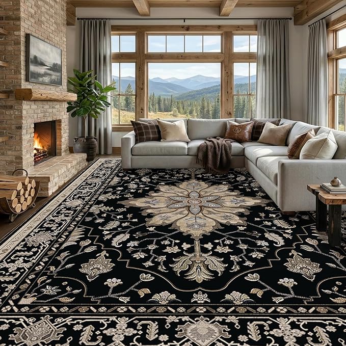 RELEANY Area Rugs 10'x12' Washable Non-Slip, Floral Vintage Distress Print by RELEANY