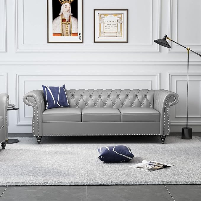 ORRD 3 Piece Living Room Set, Chesterfield Leather Sofa Loveseat Couch Chair - Image 3