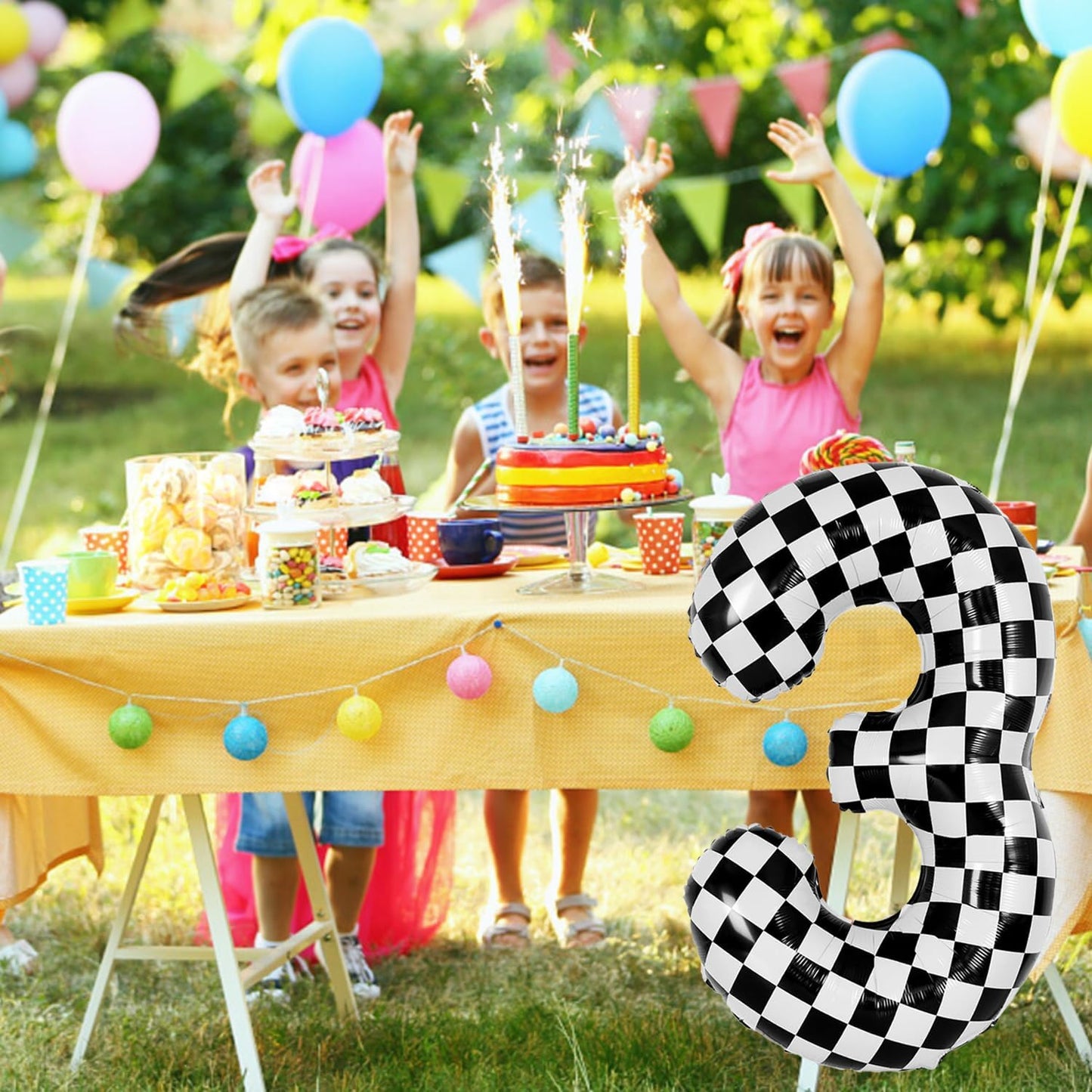 40 Inch Checkered Number Balloon - Race Flag Pattern Big Helium Balloon for Birthday Party Decorations - Black & White Balloon for Kids Adults Party Supplies (Racing Car, Number 3)