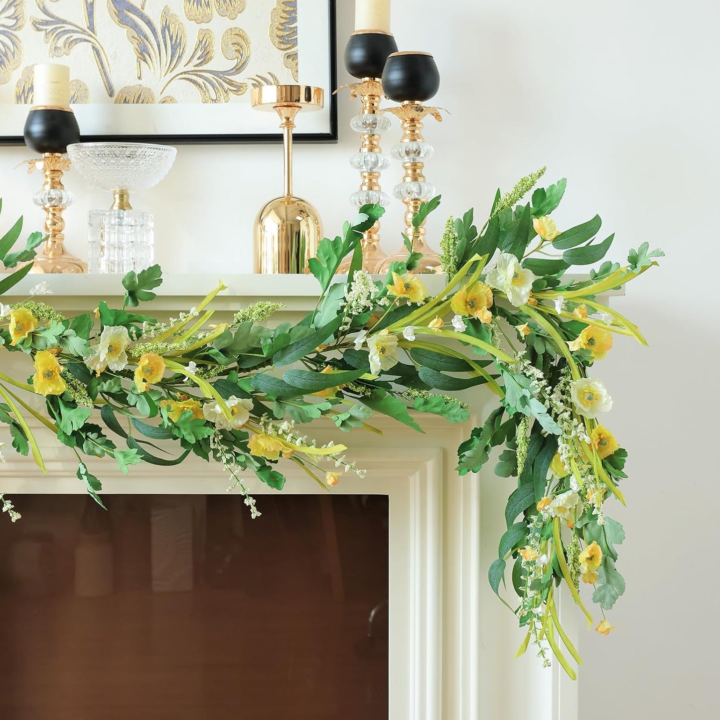 Mizii Yellow Artificial Flower Garland 6FT Fake Poppy Floral Garland Hanging Vines Spring Summer Flowers Decorations for Mantle Table Centerpieces Room Wall Fireplace Wedding Decor (Yellow)