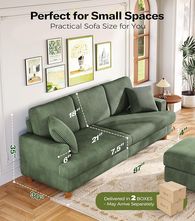 87in Corduroy Couch, Kidirect Sofa No Tool Assembly, Comfy Couches - Image 2
