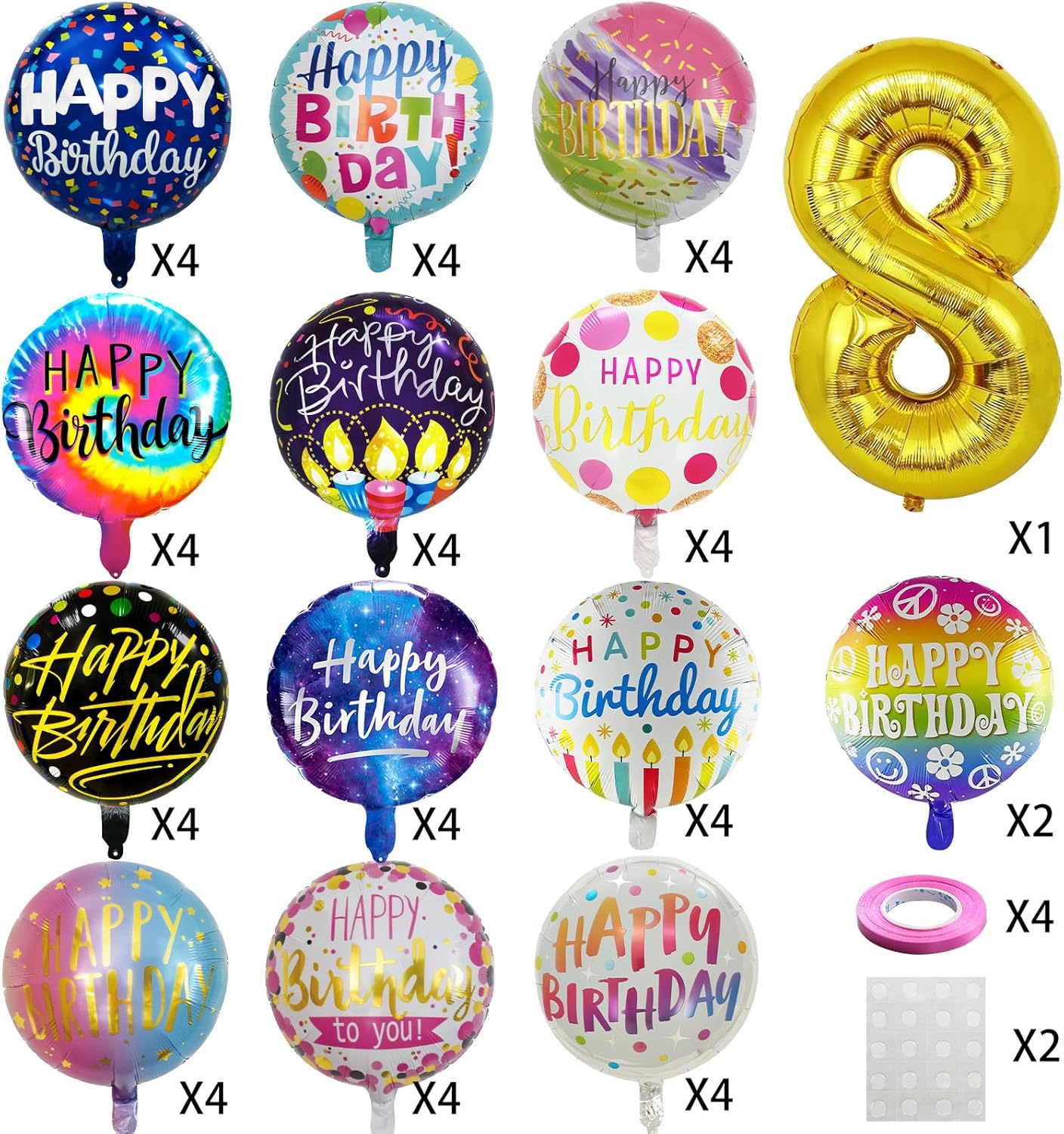 50 Pcs Happy Birthday Party Aluminum Foil Balloons and 8th Birthday Balloons, 18 Inch Round Aluminum Foil Balloon with" Happy Birthday" Sign, Birthday Party Decorations for Boys/Girls(Yellow, 8)