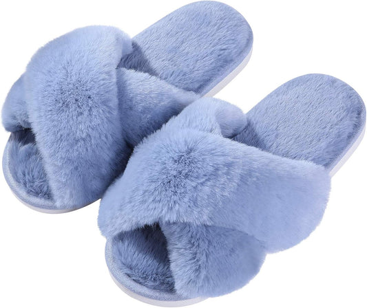 Evshine Women's Fuzzy Slippers Cross Band Memory Foam House Slippers Open Toe