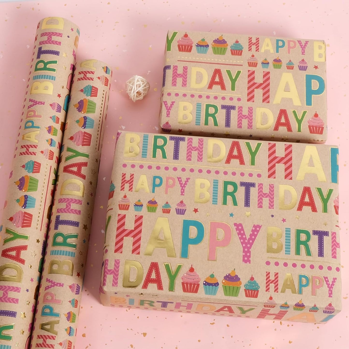 Aimyoo Colorful Birthday Wrapping Paper Roll - 17 Inch X 16.4 Feet - Gold Foil Happy Birthday Lettering & Cupcake Design Gift Wrap for Kids, Baby Showers