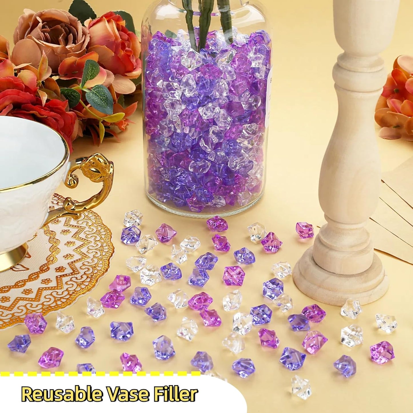 YATOJUZI 500pcs Fake Ice Cubes Purple Assorted Acrylic Crushed Rocks Vase Fillers Plastic Diamonds Gems for DIY Party Wedding Centerpiece Table Scatter Prop Display 0.5" (Random Color)