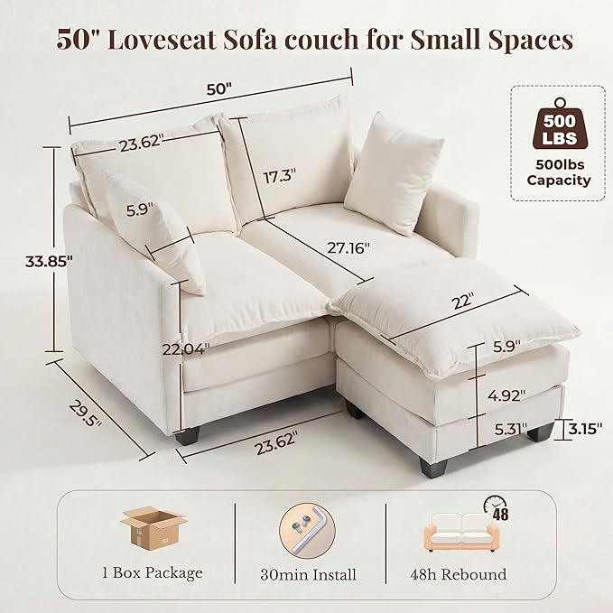 Loveseat Sofa with Ottoman, Cloud 3-Layer Cushion & 27" Deep Seat Modern Small - Image 2