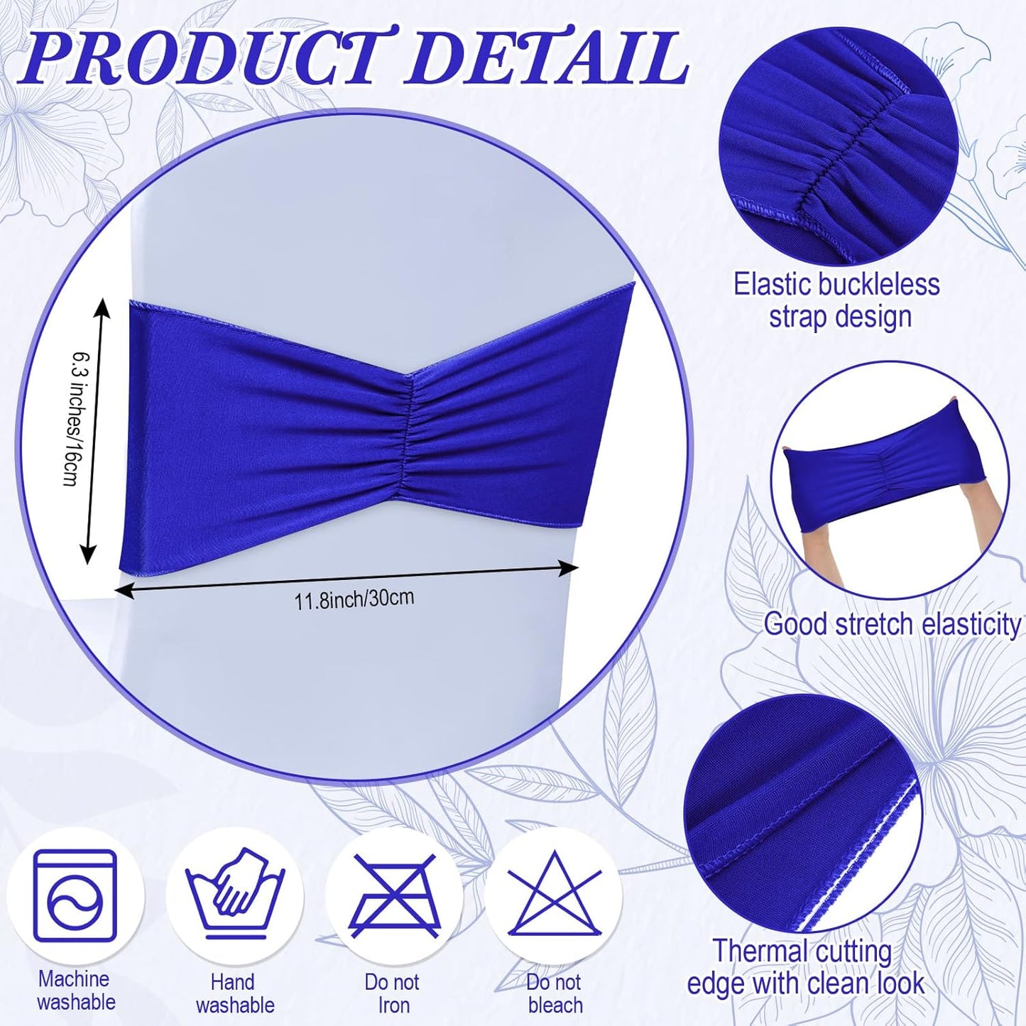 Moukeren 100 Pcs Spandex Chair Sashes Bows Bands Slider Sashes for Chair Covers Elastic Bands Ties Ribbon Decorations for Wedding Party Events Ceremony Birthday Banquet(Royal Blue)